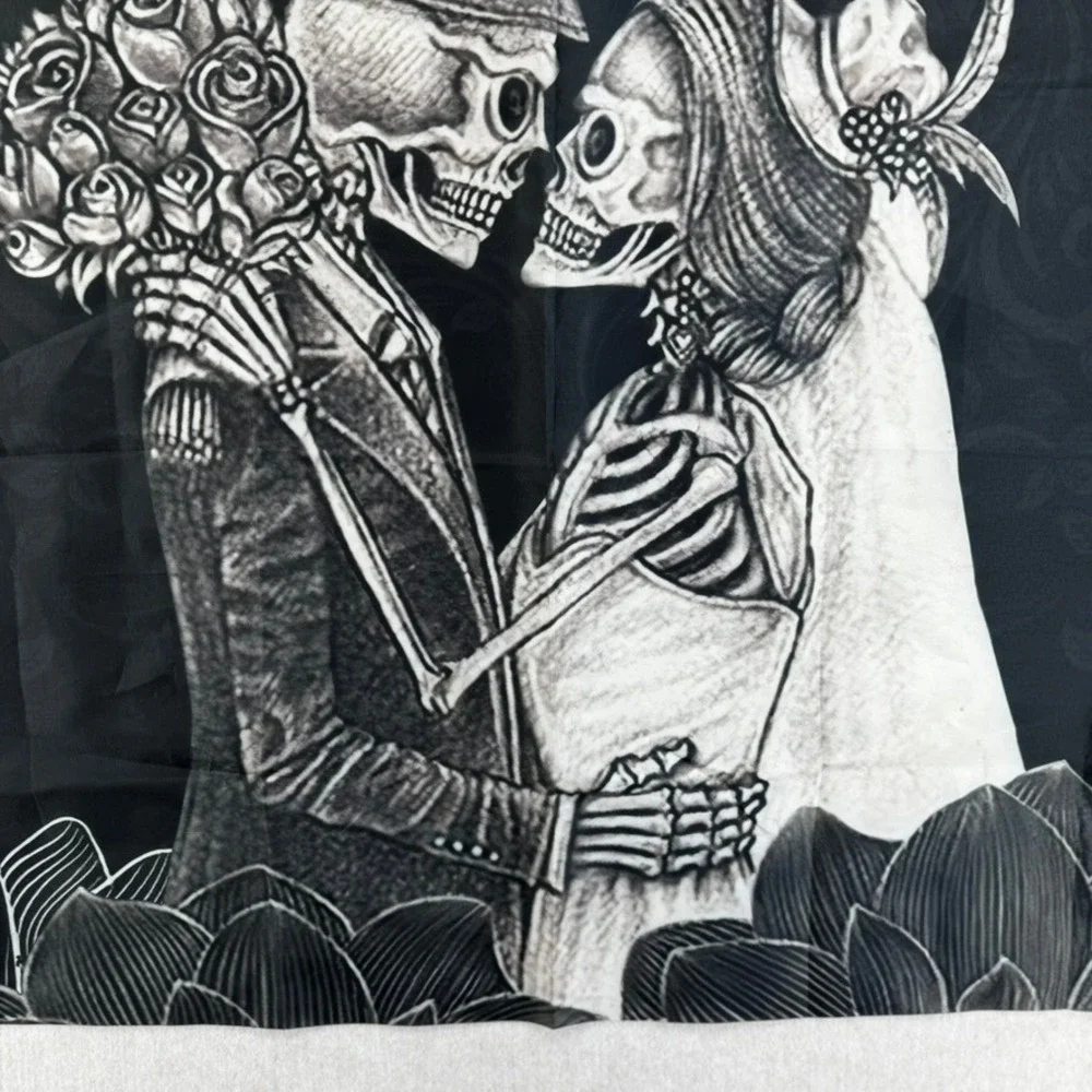 Till Death Do Us Part Skeleton Wedding Tapestry Black White Goth Wall Hanging